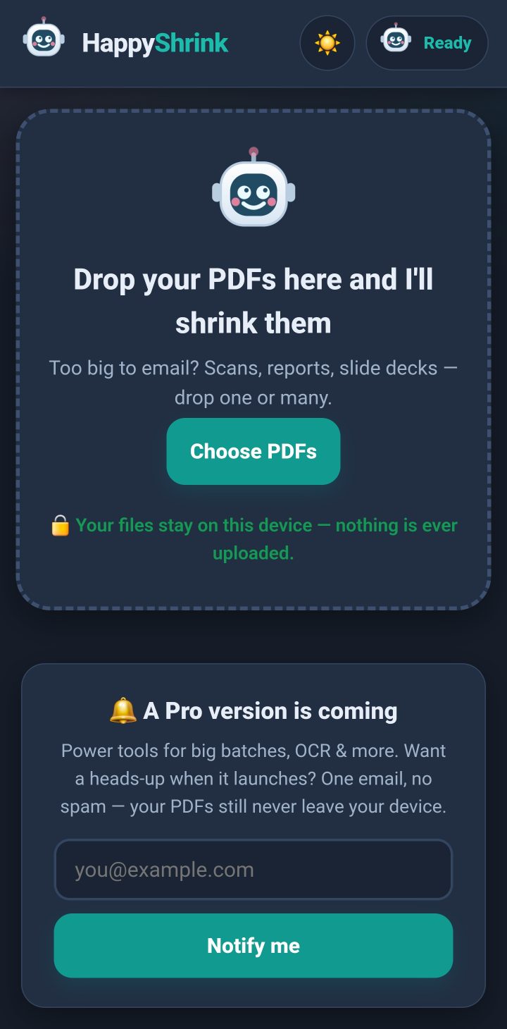 HappyShrink shown on a phone: a tool for making PDF files smaller directly in the browser.