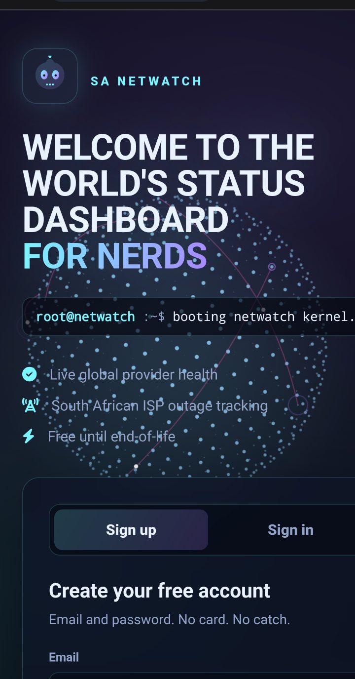 NetWatch shown on a phone: a dashboard listing South African internet providers and their current status.